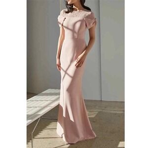 NEW JS COLLECTIONS Annalise Bow‎ LACE MAXI DRESS Gown Pink Women 12